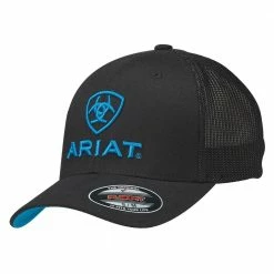 Ariat Mens Black Flex Fit Cap With Turquoise Ariat & Shield 1502301 - Hats & Caps