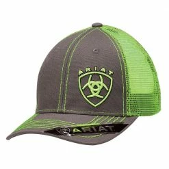 Ariat Mens Grey Cap With Offset Lime Green Ariat Shield Embrodery Logo 1595123 - Hats & Caps
