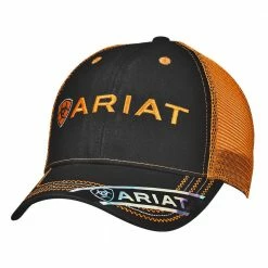 Ariat Mens Black Cap With Orange Ariat And Shield Embriodery Logo 15160276 - Hats & Caps