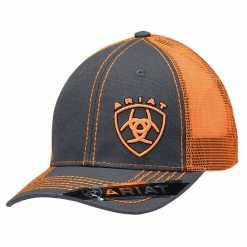 Ariat Mens Grey Cap With Offset Neon Orange Ariat Shield Embrodery Logo 1595126 - Hats & Caps