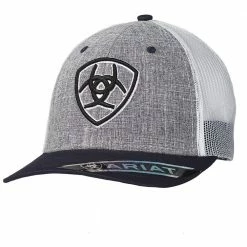 Ariat Men's Grey with Navy Center Logo Patch and Brim with Mesh Back Cap - A300011403 - Hats