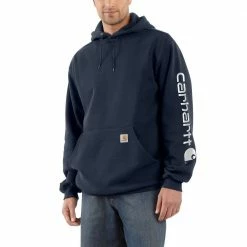Carhartt Men's Signature Sleeve Logo Hooded Sweatshirt New Navy - K288-472 - Hooded Sweatshirts